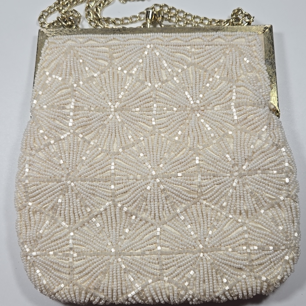 Vintage Cream Beaded Clutch with Gold Chain